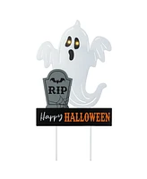 Glitzhome 32.25" Lighted Halloween Metal Ghost Tombstone Yard Stake with Timer