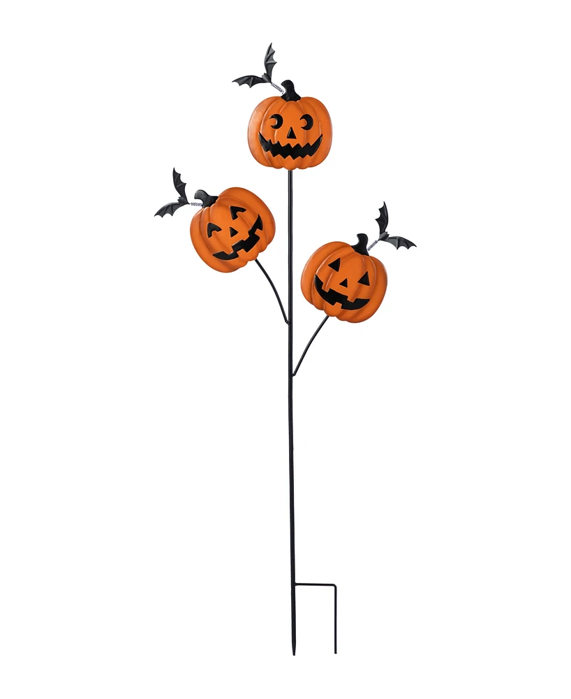Glitzhome 39.5" Halloween Metal Triple Pumpkin with Spring Bats Yard Stake