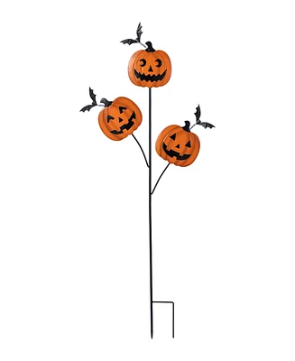 Glitzhome 39.5" Halloween Metal Triple Pumpkin with Spring Bats Yard Stake