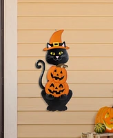 Glitzhome 36" Halloween Metal Black Cat with Spring Head and Stacked Pumpkin Yard Stake