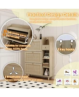 Natural Bohemia Style Shoe Cabinet, Shoe Rack Cabinet with 3 Rattan Flip Drawers,3 Square Shelves and 1 Storage Drawer, Shoe Organizer with Mulit Stor