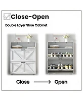 Farmhouse Shoe Storage Cabinet with Barn Door Design, Shoe Organizer with 2 Flip Drawers, Freestanding Narrow Shoe Rack Cabinet with Open Storage for