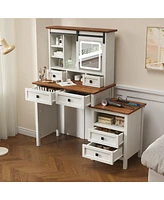 46.5'' Farmhouse Makeup Vanity Desk with Adjustible Led Lighted Mirror and Charging Station for Bedroom, Rustic Dressing Vanity Table with Side Cabine