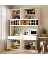 White 8-door 3-drawer environmentally friendly particleboard kitchen cabinet, pantry, Storage cabinet (classic white/wine rack)