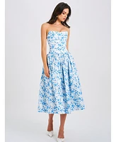 Miss Circle Women's Paloma Blue Print Linen Corset Draping Top Midi Dress