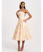 Miss Circle Women's Zaina Yellow Pink Floral Print Lace Trim Linen Midi Dress