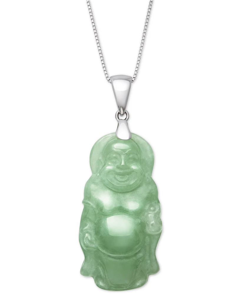 Dyed Green Jade Carved Buddha 18" Pendant Necklace in Sterling Silver