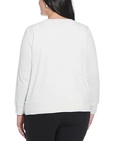Rafaella Plus Lemon Print Woven Front Long Sleeve Cardigan Sweater