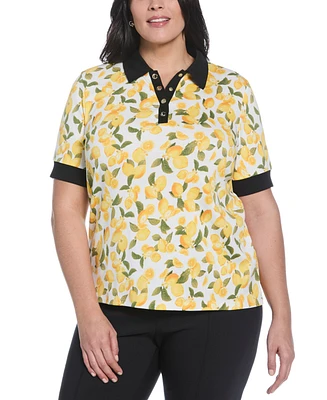 Rafaella Plus Lemon Print Buttoned Elbow Length Sleeve Polo T-Shirt