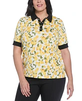 Rafaella Plus Lemon Print Buttoned Elbow Length Sleeve Polo T-Shirt