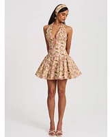 Miss Circle Women's Mackenzie Green and Pink Floral Print Halter Linen Mini Dress