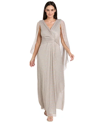 R & M Richards Women's Rhinestone-Brooch Metallic Gown