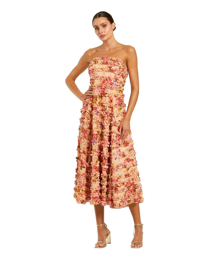 Mac Duggal Women's Pink Ruffle Strapless Ankle Cotton Dress