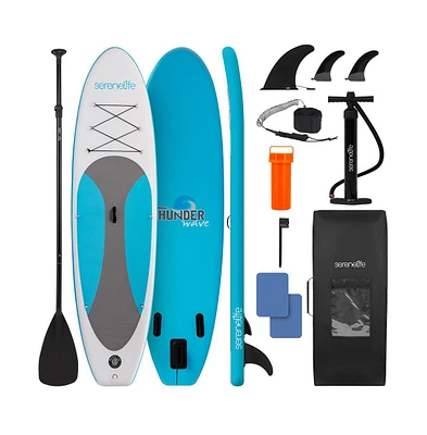 Free-Flow Welded Inflatable Stand-Up Paddle-Board with Double-Action Hand Pump, 3-Shaft Aluminum Paddle, Leash, Fin (Black)