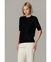 Jennie Liu Women's Tissue Weight 75% Merino Wool 25% Silk Crew Neck Short Sleeve T Shirt Sweater | Ultra Soft Machine-Washable Sweaters