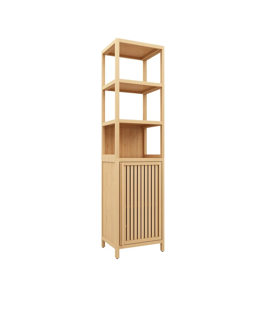 Casainc Tall Slim Storage Cabinet with Shutter Door and 3-Tier Shelves, Freestanding Bamboo Organizer for Home