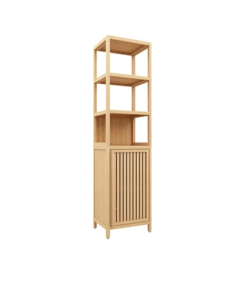 Casainc Tall Slim Storage Cabinet with Shutter Door and 3-Tier Shelves, Freestanding Bamboo Organizer for Home