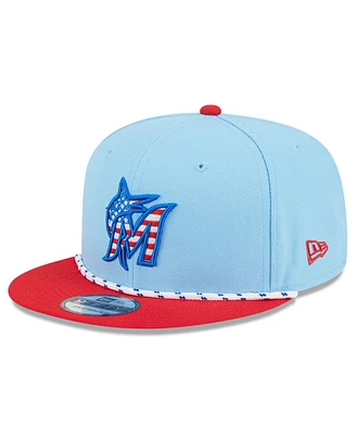 New Era Men's Light Blue/Red Miami Marlins 2025 Fourth of July 9FIFTY Snapback Hat