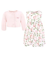 Hudson Baby Girls Cotton Dress and Cardigan Set, Blush Pink Floral