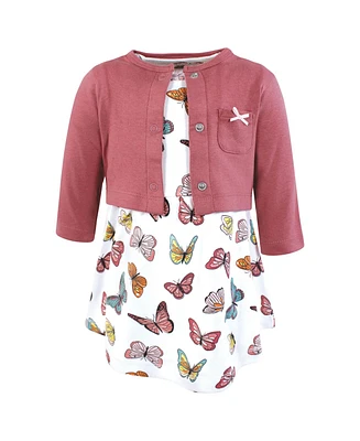 Hudson Baby Infant and Toddler Girls Cotton Dress Cardigan Set, Mauve Butterflies
