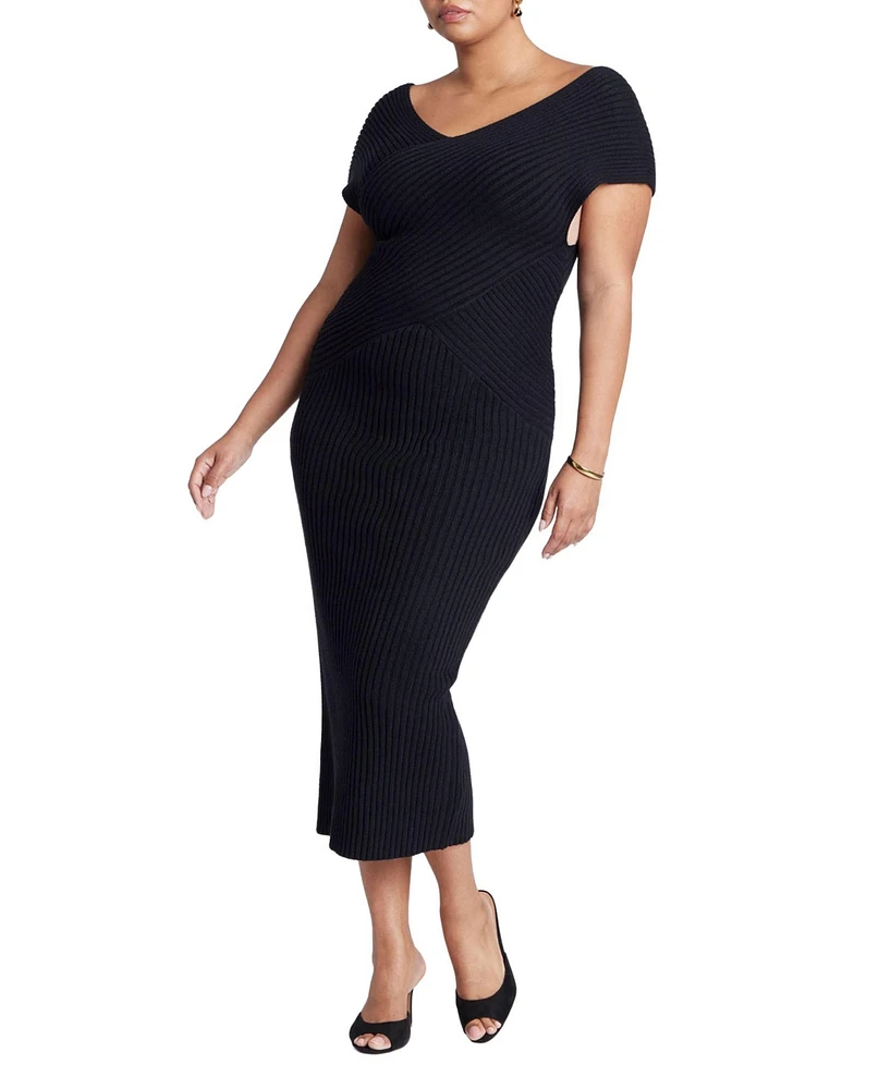 Eloquii Women's Plus Cross Front Rib Midi Sweater Dress