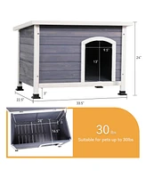 Small Wooden Outdoor Dog House, Waterproof Roof, Elevated Floor, Grey