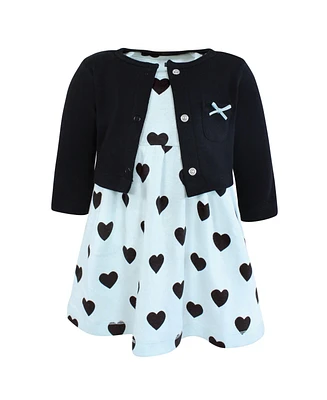 Hudson Baby Girls Cotton Dress and Cardigan Set, Mint Black Heart