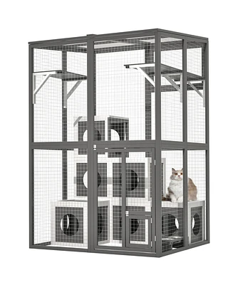 Outdoor Wooden Cat Catio - Large Grey
