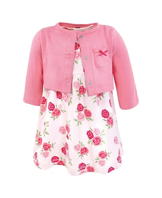 Hudson Baby Girls Cotton Dress and Cardigan Set, Bright Pink Rose