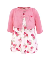 Hudson Baby Girls Cotton Dress and Cardigan Set, Bright Pink Rose