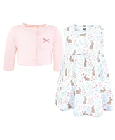 Hudson Baby Girls Cotton Dress and Cardigan Set, Floral Bunnies, Months