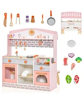 Mecale Double-Sided Kids Play Kitchen Set with Canopy and 2 Seats