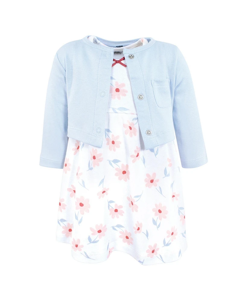 Hudson Baby Toddler Girls Cotton Dress and Cardigan Set, Pink Blue Flower