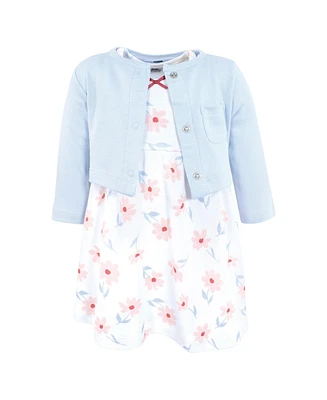 Hudson Baby Toddler Girls Cotton Dress and Cardigan Set, Pink Blue Flower