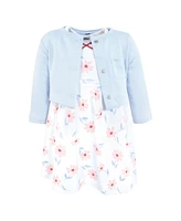 Hudson Baby Toddler Girls Cotton Dress and Cardigan Set, Pink Blue Flower
