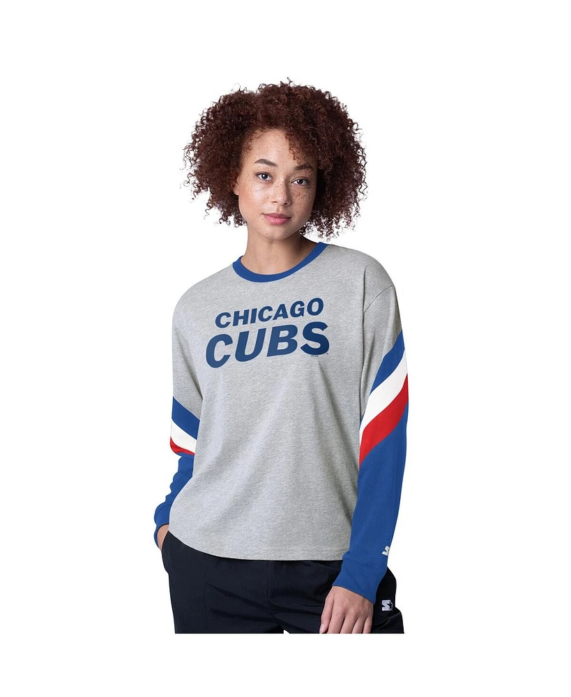 Starter Women's Heather Gray Chicago Cubs Triple A Fashion Color Block Long Sleeve Top