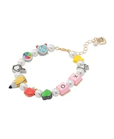 Betsey Johnson Faux Stone Straight Back to School Cultivated Pearl Charm Bracelet