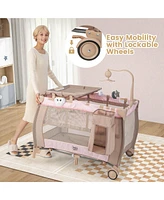 Costway Kids Portable Playard Nursery Center Crib with Hanging Toys & Music Box Unisex 0-3 Years