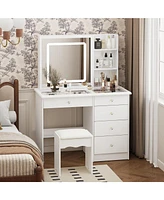 Homsee White Wood Makeup Vanity Set Dressing Desk with Glass Top