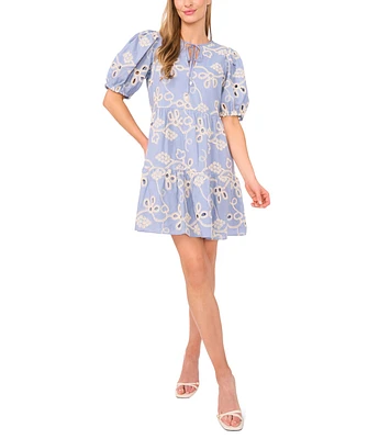 CeCe Women's Tie-Neck Embroidered Tiered Short-Sleeve Dress