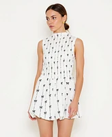 Modenaire Women's Sleeveless Smocked High Neck Embroidered Mini Dress