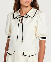 Modenaire Women's Pleated Contrast Collar Bow Tie Mini Dress