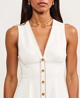 Modenaire Women's V-Neck Sleeveless Button-Front Contrast Trim Mini Dress