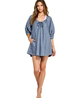 Modenaire Women's Striped V-Neck Front Tie 3/4 Sleeve Romper