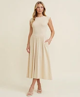 Modenaire Women's Cap Sleeve Knit Bodice Midi Dress with Pockets