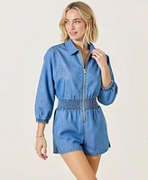 Modenaire Women's Zip Front Smocked Waist 3/4 Sleeve Romper