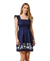 Modenaire Women's Smocked Ruffle Strap Floral Embroidery Mini Dress
