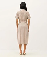 Modenaire Women's Striped Collared Waist Tie Button-Down Midi Dress