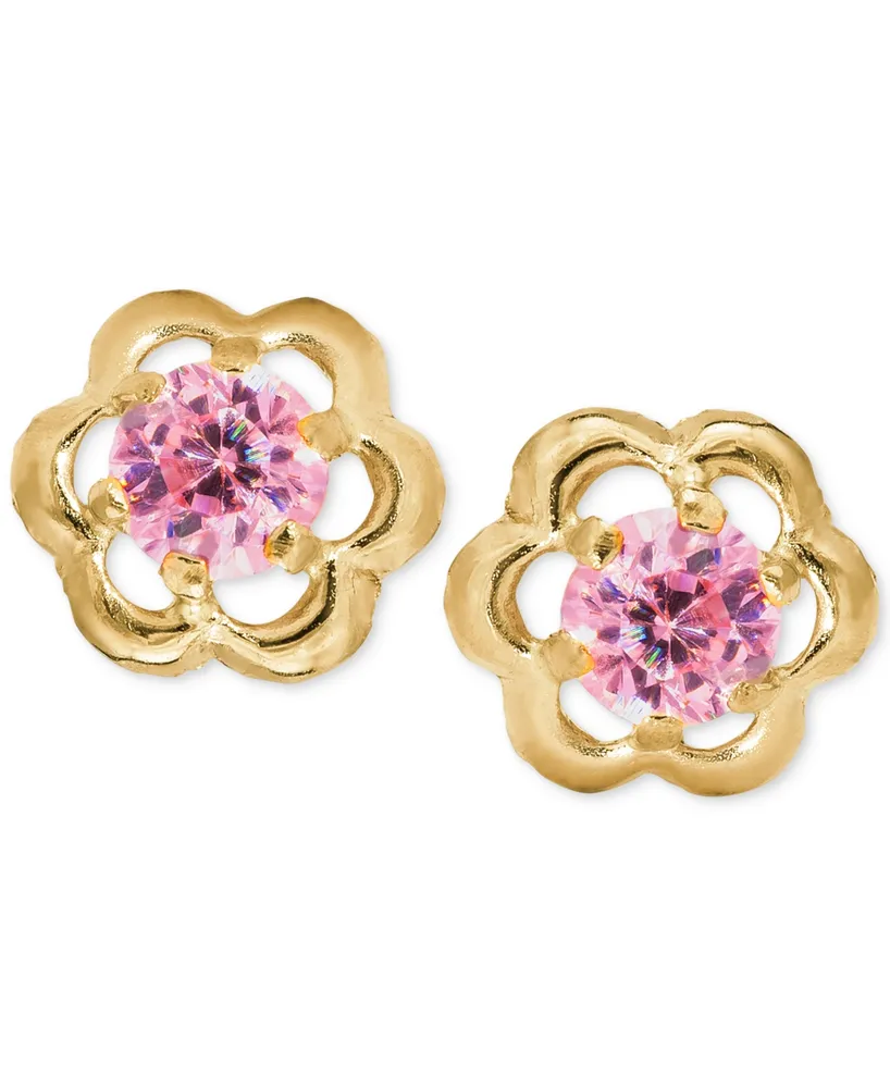 Children's Pink Cubic Zirconia Flower Screwback Stud Earrings in 14k Gold