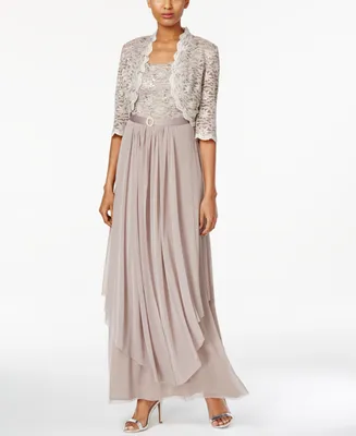 R&M Richards Sequined Lace Belted Gown and Jacket